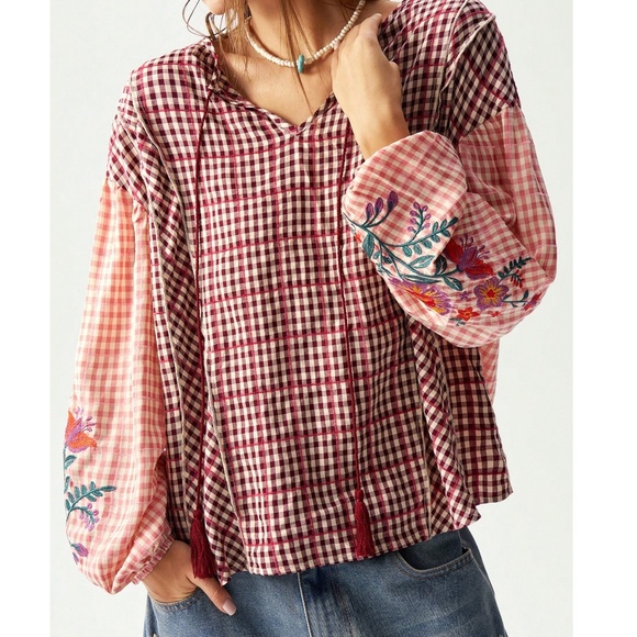 Boho Floral Embroidered Plaid Print Neck Tie Loose Fit Blouse - Picture 4 of 8